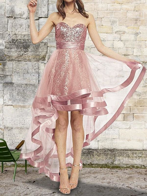 Bridelily A-Line Sleeveless Sweetheart Asymmetrical Sequin Organza Dresses - Prom Dresses