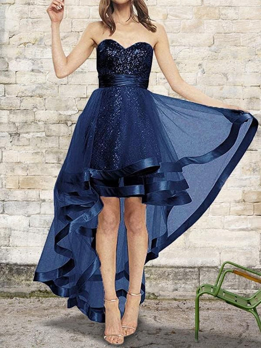 Bridelily A-Line Sleeveless Sweetheart Asymmetrical Sequin Organza Dresses - Prom Dresses