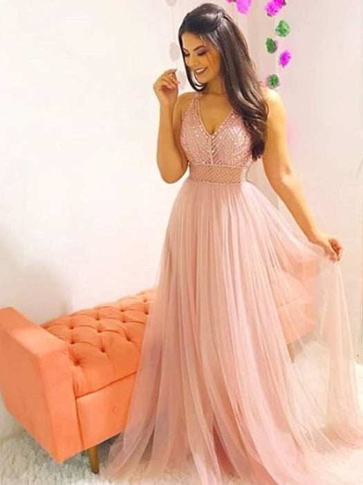 Bridelily A-Line Sleeveless V-Neck Floor-Length Crystal Tulle Dresses - Prom Dresses