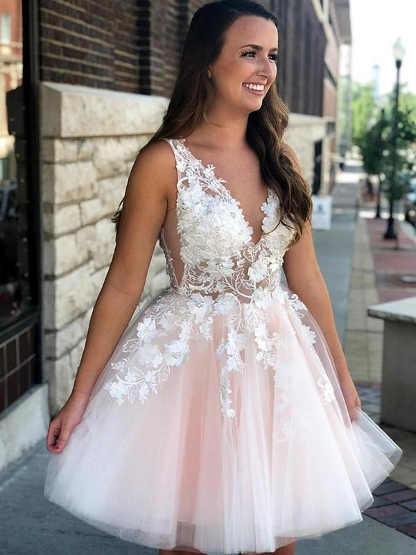 Bridelily A-Line Sleeveless V-neck Tulle With Applique Short/Mini Dresses - Prom Dresses