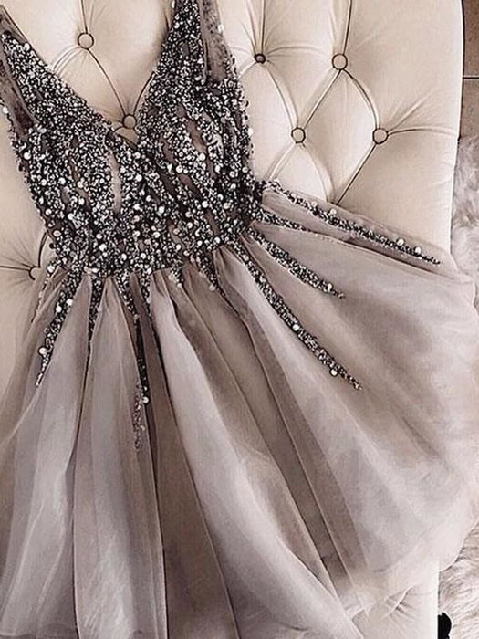 Bridelily A-Line Sleeveless V-neck Tulle With Sequin Short/Mini Dresses - Prom Dresses
