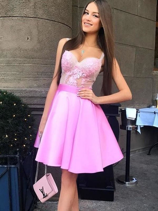 Bridelily A-Line Spaghetti Straps Satin With Applique Sleeveless Knee-Length Dresses - Prom Dresses