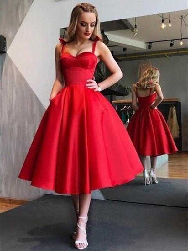 Bridelily A-Line Straps Satin Sleeveless With Ruffles Tea-Length Dresses - Prom Dresses