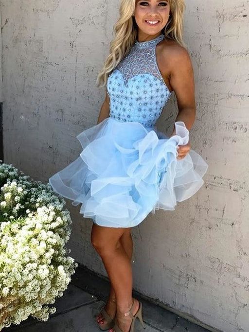 Bridelily A-Line Tulle High Neck Sleeveless Short/Mini With Beading Dresses - Prom Dresses