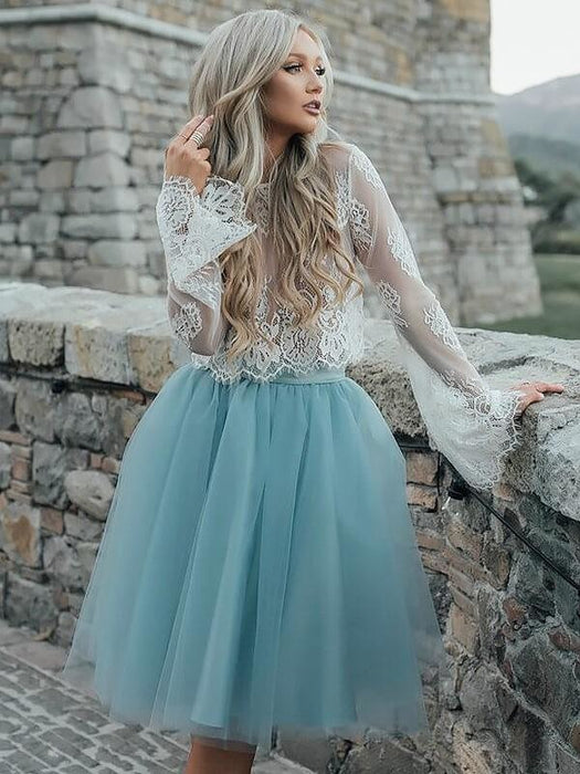 Bridelily A-Line Tulle Scoop Long Sleeves Short/Mini With Lace Dresses - Prom Dresses
