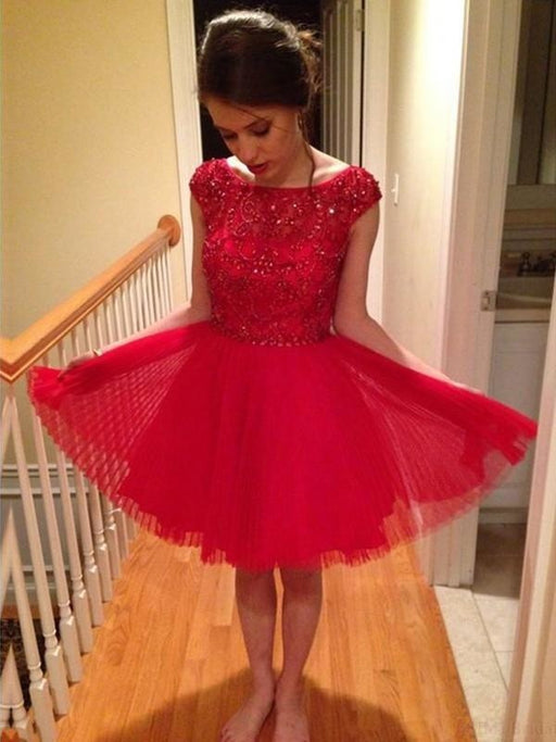 Bridelily A-Line Tulle Scoop Sleeveless With Beading Short Prom Dresses - Prom Dresses