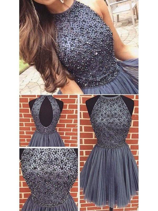 Bridelily A-Line Tulle Scoop SleevelessWith Beading Short Prom Dresses - Prom Dresses
