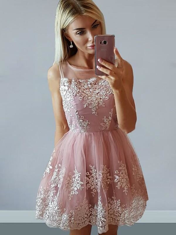 Bridelily A-Line Tulle Sleeveless Scoop With Applique Short/Mini Dresses - Prom Dresses