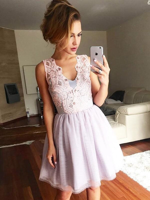 Bridelily A-Line Tulle Sleeveless Short/Mini With Lace Prom Dresses - Prom Dresses