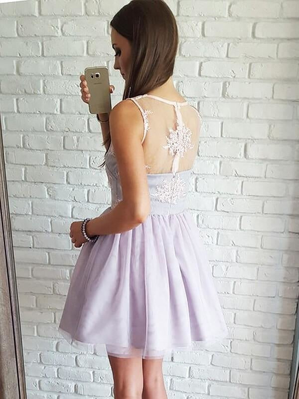 Bridelily A-Line Tulle Sleeveless Short/Mini With Lace Prom Dresses - Prom Dresses