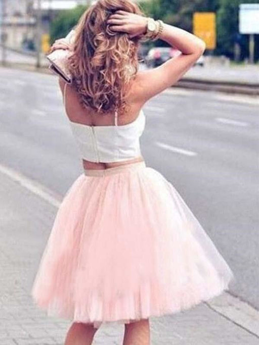 Bridelily A-Line Tulle Sleeveless With Pleats Spaghetti Straps Knee-Length Two Piece Dresses - Prom Dresses