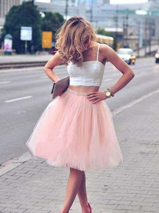 Bridelily A-Line Tulle Sleeveless With Pleats Spaghetti Straps Knee-Length Two Piece Dresses - Prom Dresses