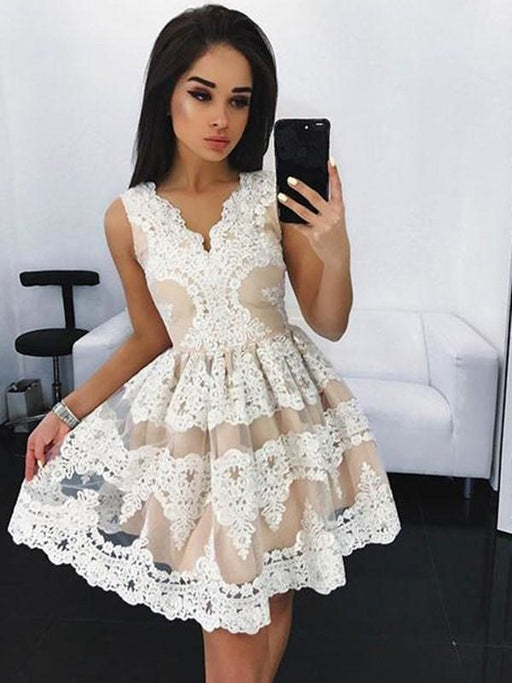 Bridelily A-Line Tulle V-neck Sleeveless Short/Mini With Lace Dresses - Prom Dresses