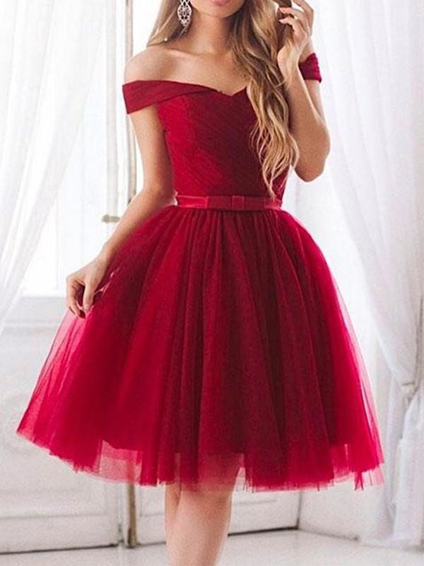 Bridelily A-Line Tulle With Ruffles Off-the-Shoulder Sleeveless Knee-Length Dresses - Prom Dresses