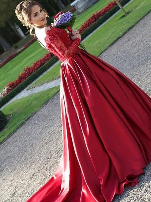 Bridelily A-Line V-Neck Long Sleeves Sweep/Brush Train Lace Satin Dresses - Prom Dresses