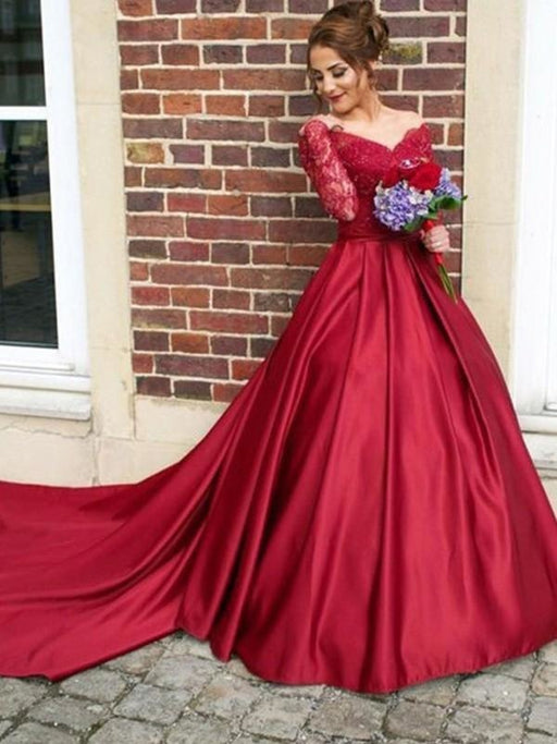Bridelily A-Line V-Neck Long Sleeves Sweep/Brush Train Lace Satin Dresses - Prom Dresses