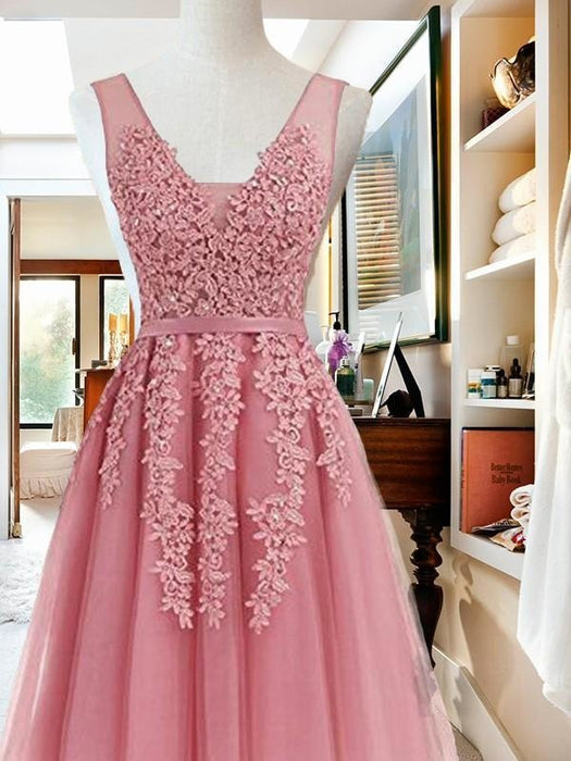 Bridelily A-Line V-neck Sleeveless Short/Mini With Applique Tulle Dresses - Prom Dresses