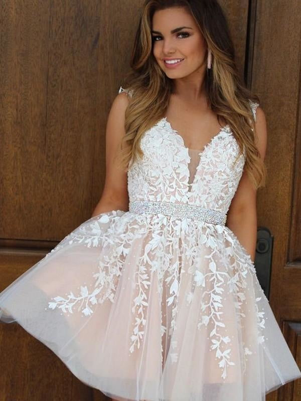 Bridelily A-Line V-neck Tulle With Applique Sleeveless Short/Mini Dresses - Prom Dresses