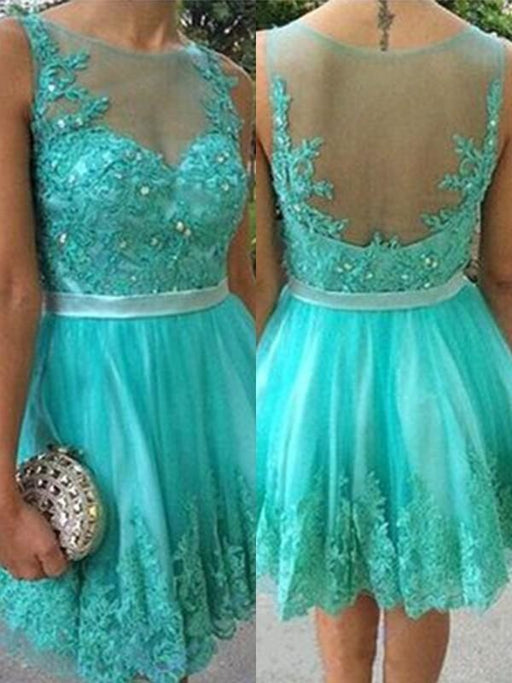Bridelily A-Line With Applique Scoop Tulle Sleeveless Short/Mini Dresses - Prom Dresses