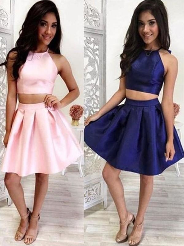 Bridelily A-Line With Ruffles Halter Satin Sleeveless Short/Mini Two Piece Dresses - Prom Dresses