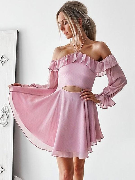 Bridelily A-Line With Ruffles Off-the-Shoulder Chiffon Long Sleeves Short/Mini Dresses - Prom Dresses