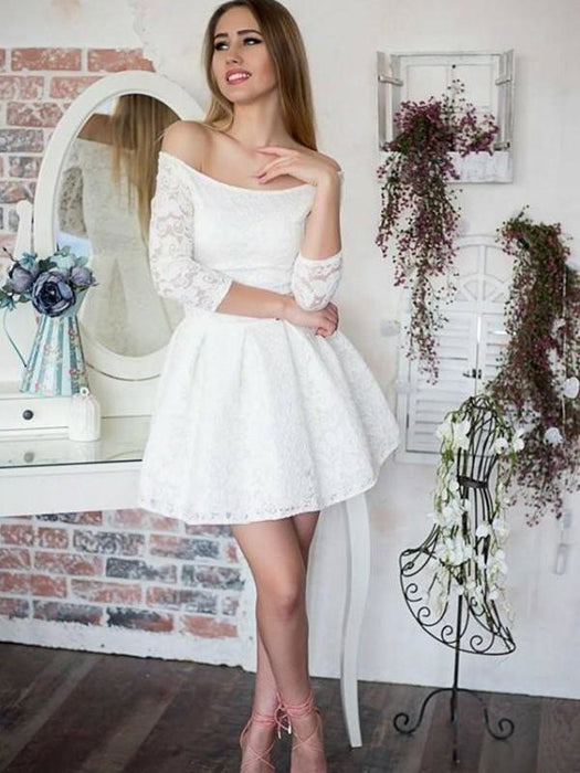 Bridelily A-Line With Ruffles Off-the-Shoulder Lace 3/4 Sleeves Short/Mini Dresses - Prom Dresses