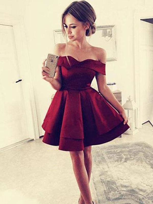 Bridelily A-Line With Ruffles Satin Off-the-Shoulder Sleeveless Short/Mini Dresses - Prom Dresses