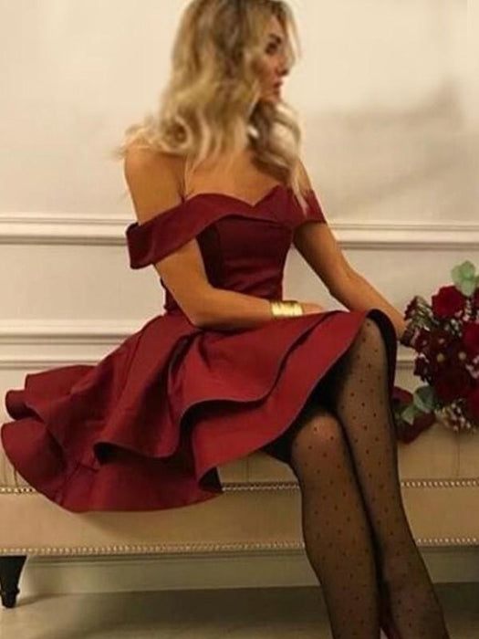 Bridelily A-Line With Ruffles Satin Off-the-Shoulder Sleeveless Short/Mini Dresses - Prom Dresses