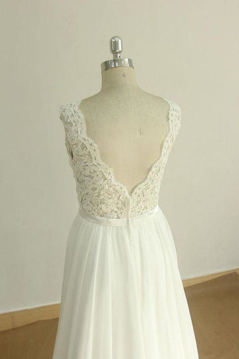 Bridelily Affordable V-neck Lace Chiffon Wedding Dress - wedding dresses