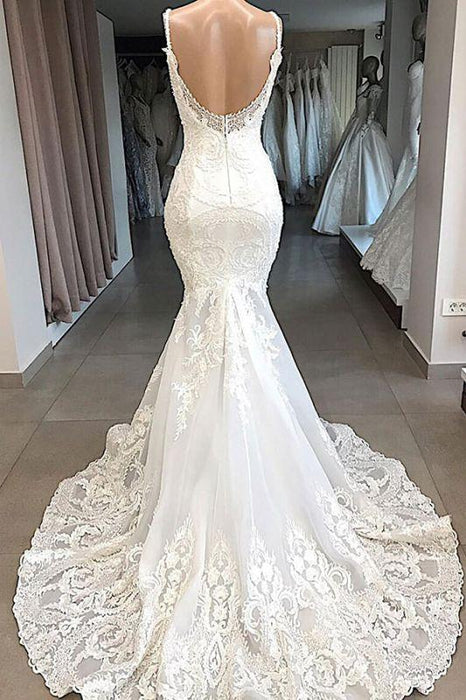 Vintage Lace Mermaid Wedding Dress Boho Bridal Gown-Bridelily Vintage Lace Mermaid Wedding Dress Boho Bridal Gown-Bridelily