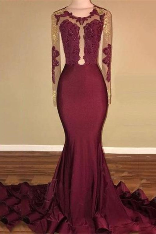 Bridelily Amazing Burgundy Gold Prom Dresses | Sexy Open Back Mermaid Evening Gowns - Prom Dresses