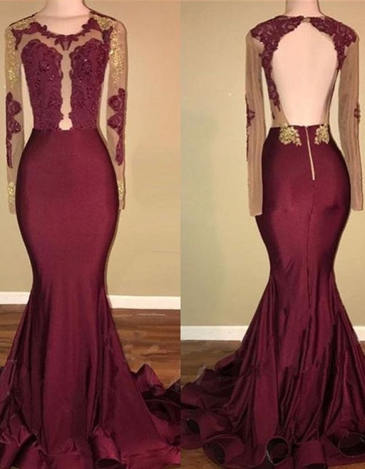 Bridelily Amazing Burgundy Gold Prom Dresses | Sexy Open Back Mermaid Evening Gowns - Prom Dresses
