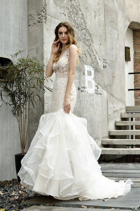 Bridelily Amazing Tulle Lace Sleeveless Mermaid Wedding Dress - wedding dresses