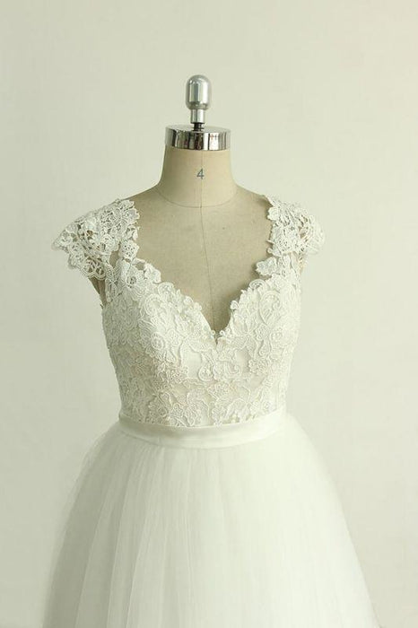 Bridelily Appliques Cap Sleeve Tulle A-line Wedding Dress - wedding dresses