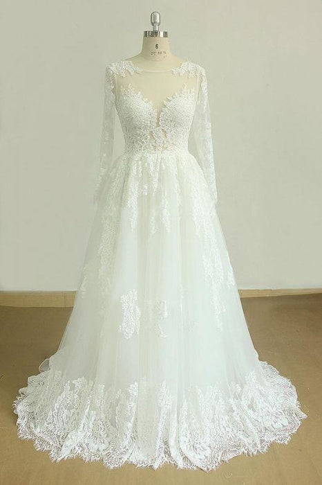 Bridelily Back Cut-out Long Sleeve Tulle A-line Wedding Dress - wedding dresses