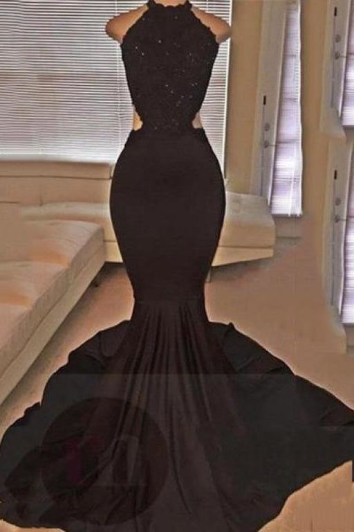 Bridelily Backless Mermaid Lace Sleeveless Black Long Prom Dresses ly149 - Prom Dresses