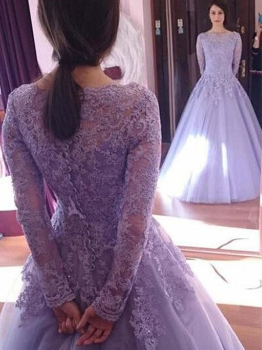 Bridelily Ball Gown Jewel Long Sleeves Floor-Length Lace Tulle Dresses - Prom Dresses