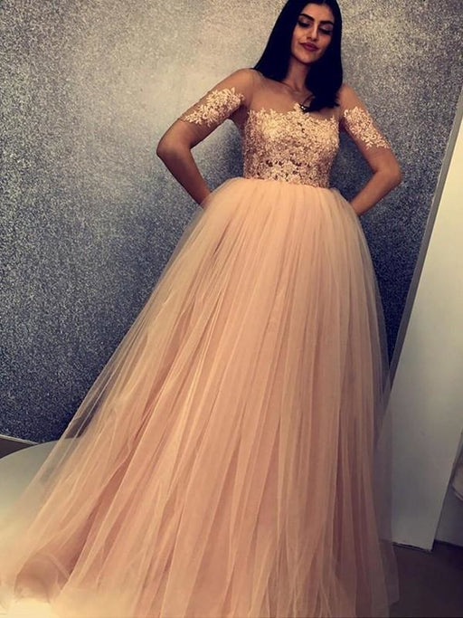 Bridelily Ball Gown Short Sleeves Scoop Sweep/Brush Train With Applique Tulle Dresses - Prom Dresses