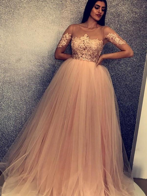 Bridelily Ball Gown Short Sleeves Scoop Sweep/Brush Train With Applique Tulle Dresses - Prom Dresses