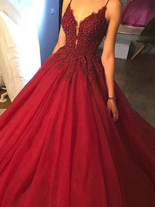 Bridelily Ball Gown Sleeveless Spaghetti Straps Sweep/Brush Train With Applique Tulle Dresses - Prom Dresses