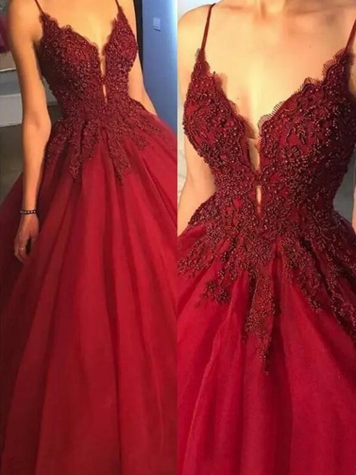 Bridelily Ball Gown Sleeveless Spaghetti Straps Sweep/Brush Train With Applique Tulle Dresses - Prom Dresses