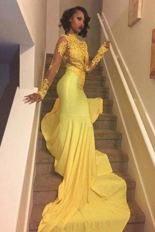Bridelily Beautiful High-Neck Yellow Long-Sleeve Lace Appliques Mermaid Prom Dress - Prom Dresses