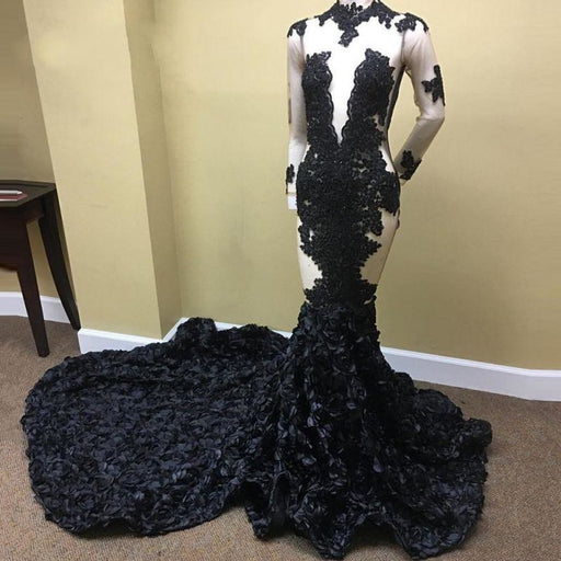 Bridelily Black Lace Appliques Long Sleeves Prom Dresses - Prom Dresses