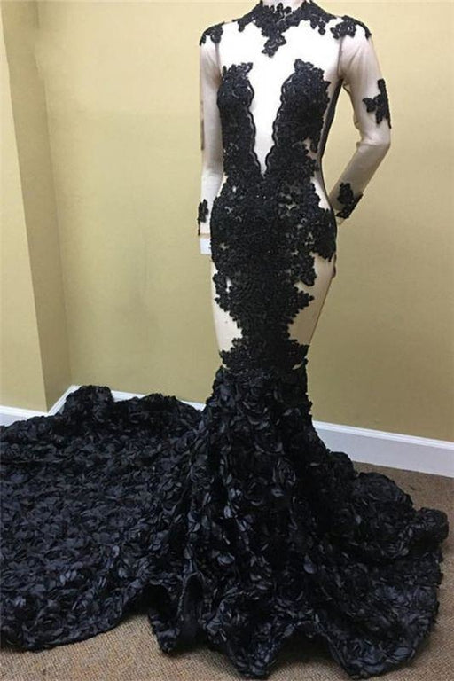 Bridelily Black Lace Appliques Long Sleeves Prom Dresses - Prom Dresses