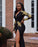 Bridelily Black Long Sleeve Prom Dress | 2019 Gold Appliques Mermaid Evening Dress - Prom Dresses