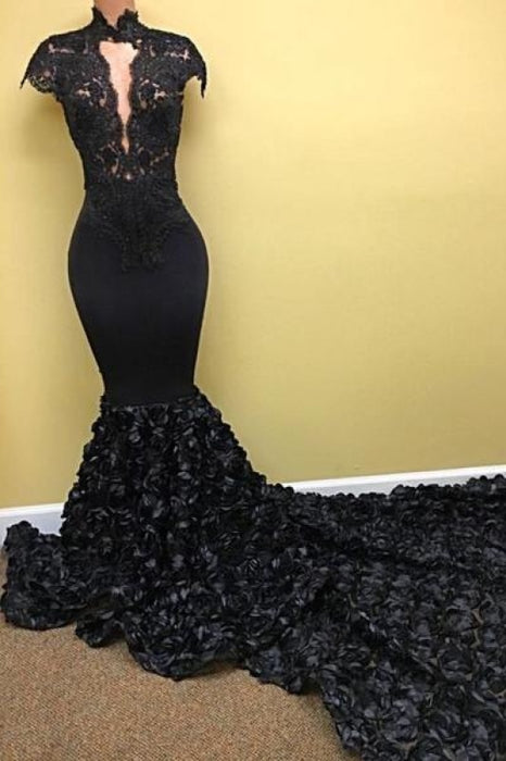 Bridelily Black Mermaid High V-Neck Flowers-Train Evening Gowns - Prom Dresses
