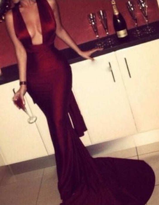 Bridelily Burgundy 2019 Mermaid Prom Dresses Sexy Cross Back Cheap Evening Gowns - Prom Dresses