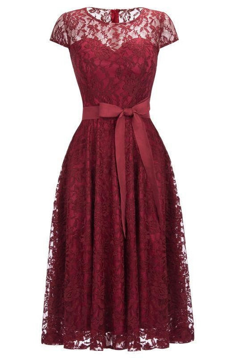Bridelily Burgundy Lace Short Sleeves A-line Dresses with Bow - Burgundy / US 2 - lace dresses