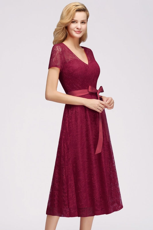 Bridelily Burgundy Short Sleeves Flower Lace V-neck Dresses with Sash - lace dresses