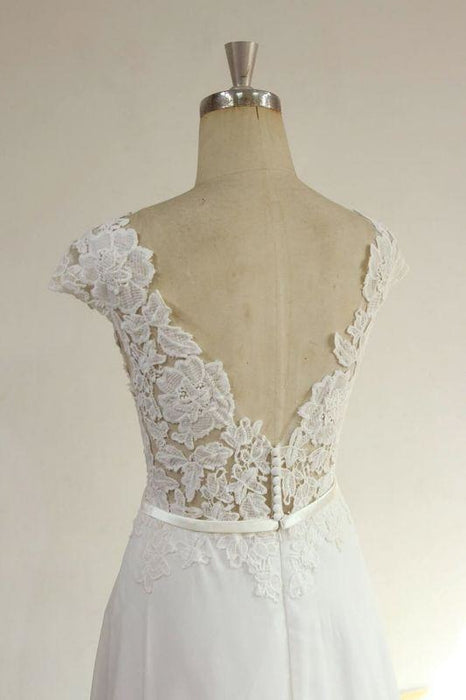 Bridelily Cap Sleeve Appliques Chiffon A-line Wedding Dress - wedding dresses